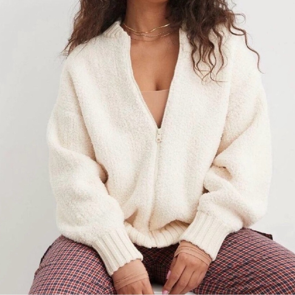 Aerie Sherpa Zip-Up Jacket Cream Ivory XL Cozy Teddy Bomber